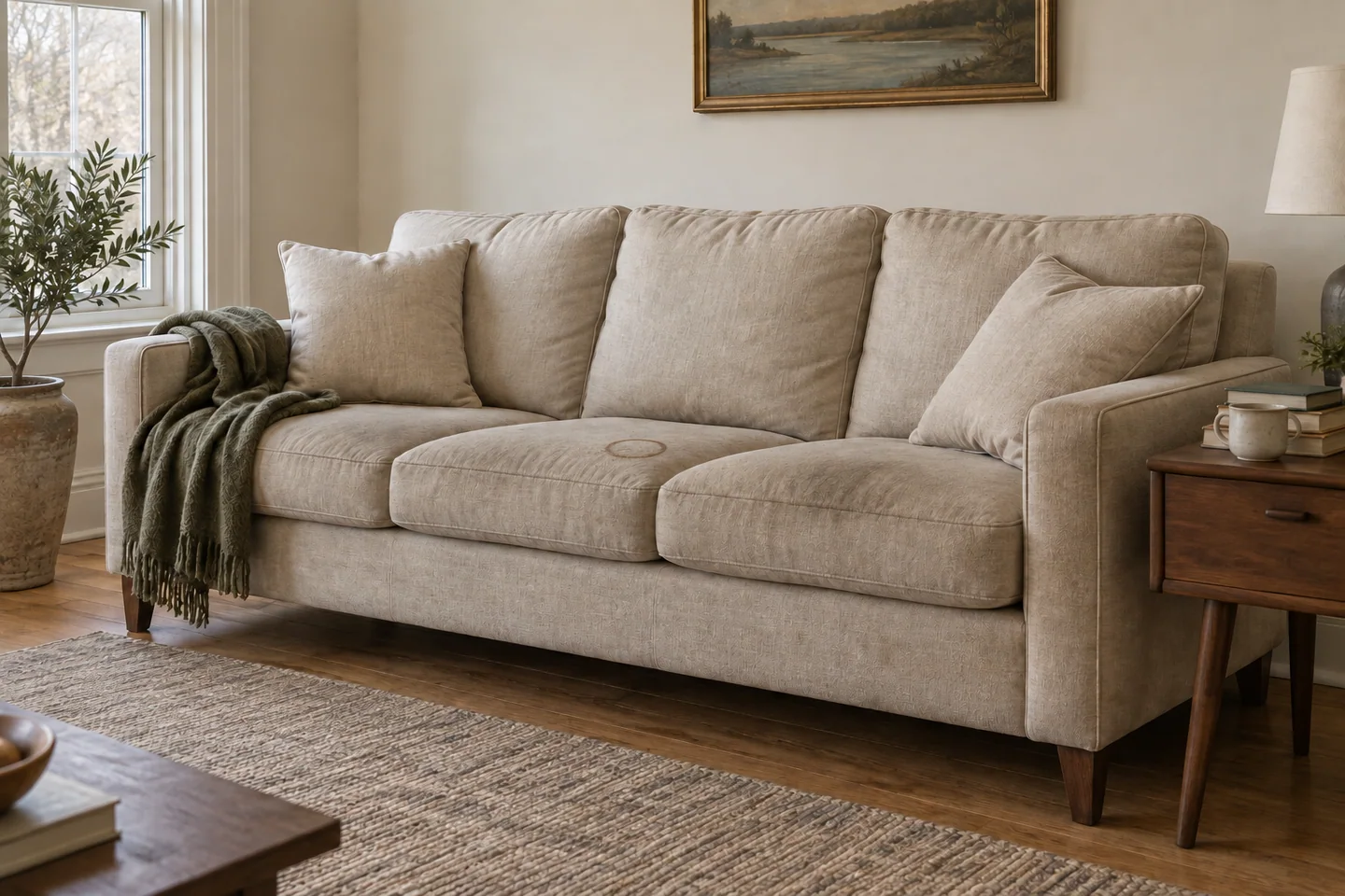 AI illustration: fabric sofa with everyday marks & coffee