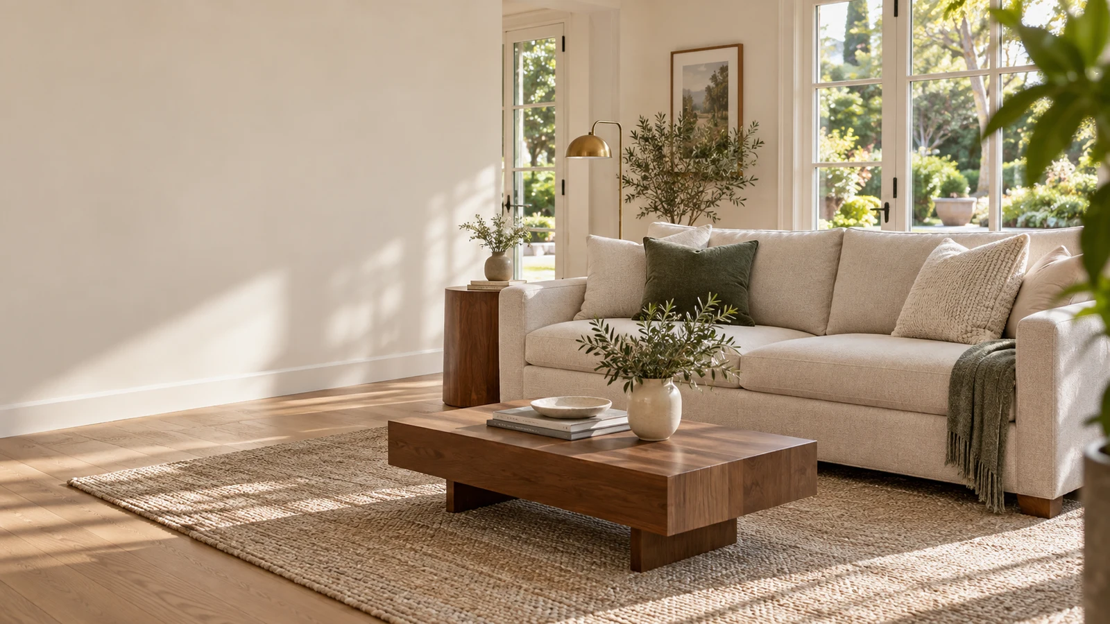 Illustrative sunlit living room with a cream sofa and natural textures