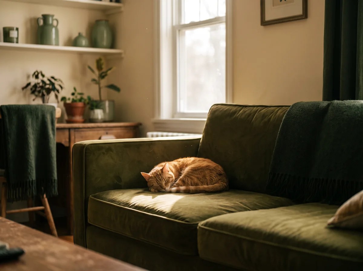 Illustrative cat resting on an upholstered sofa