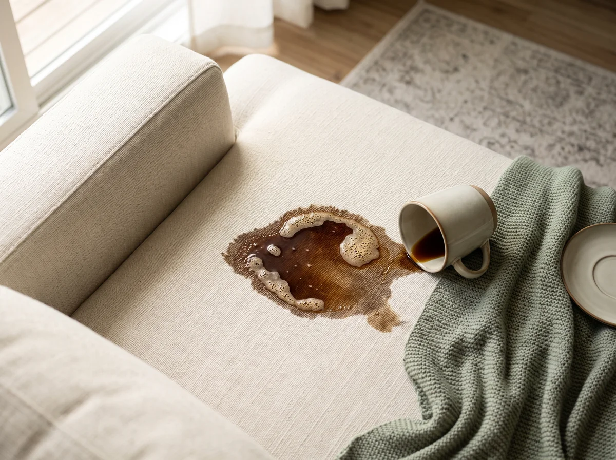 Illustrative overturned coffee cup and spill on linen upholstery