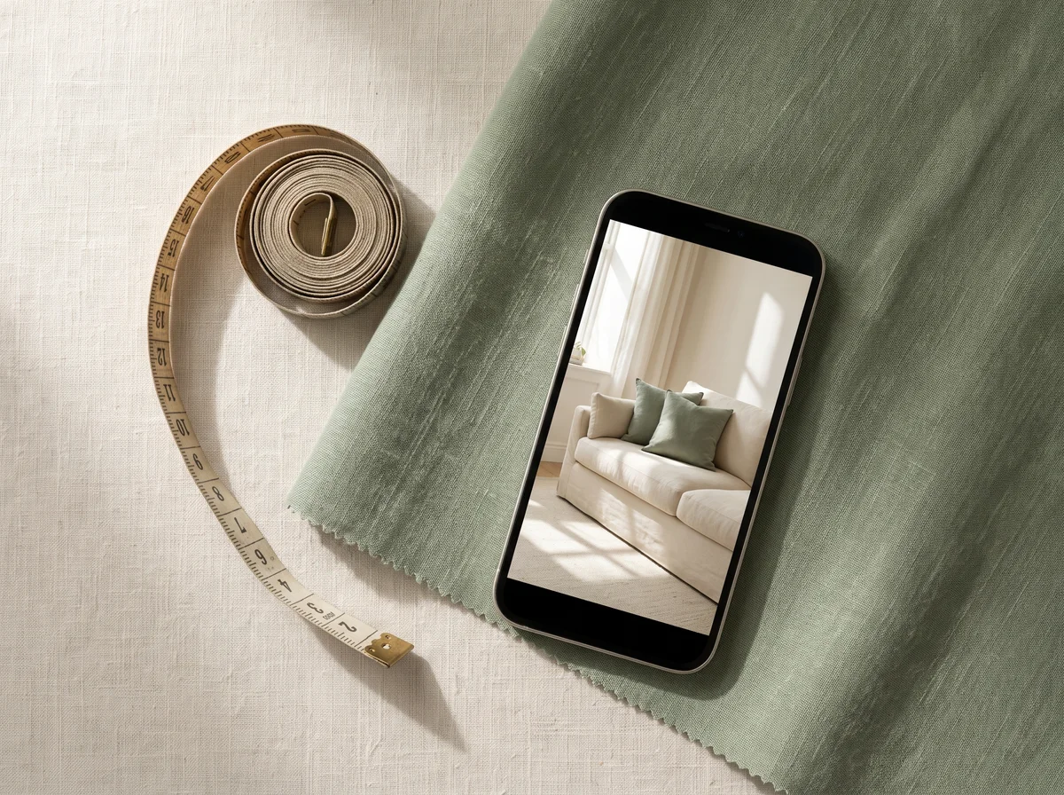 Illustrative measuring tape, fabric sample and phone with a sofa photo