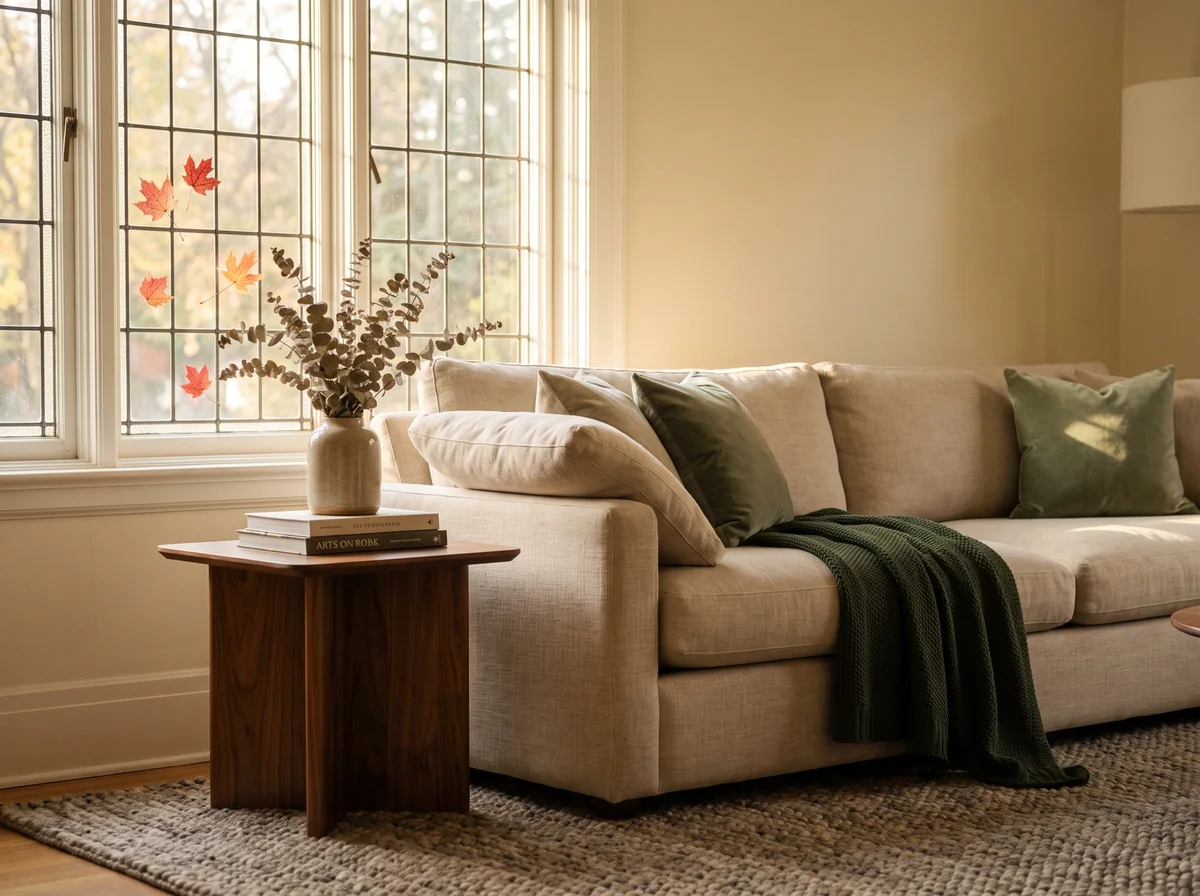 Illustrative sofa beside a window with autumn leaves