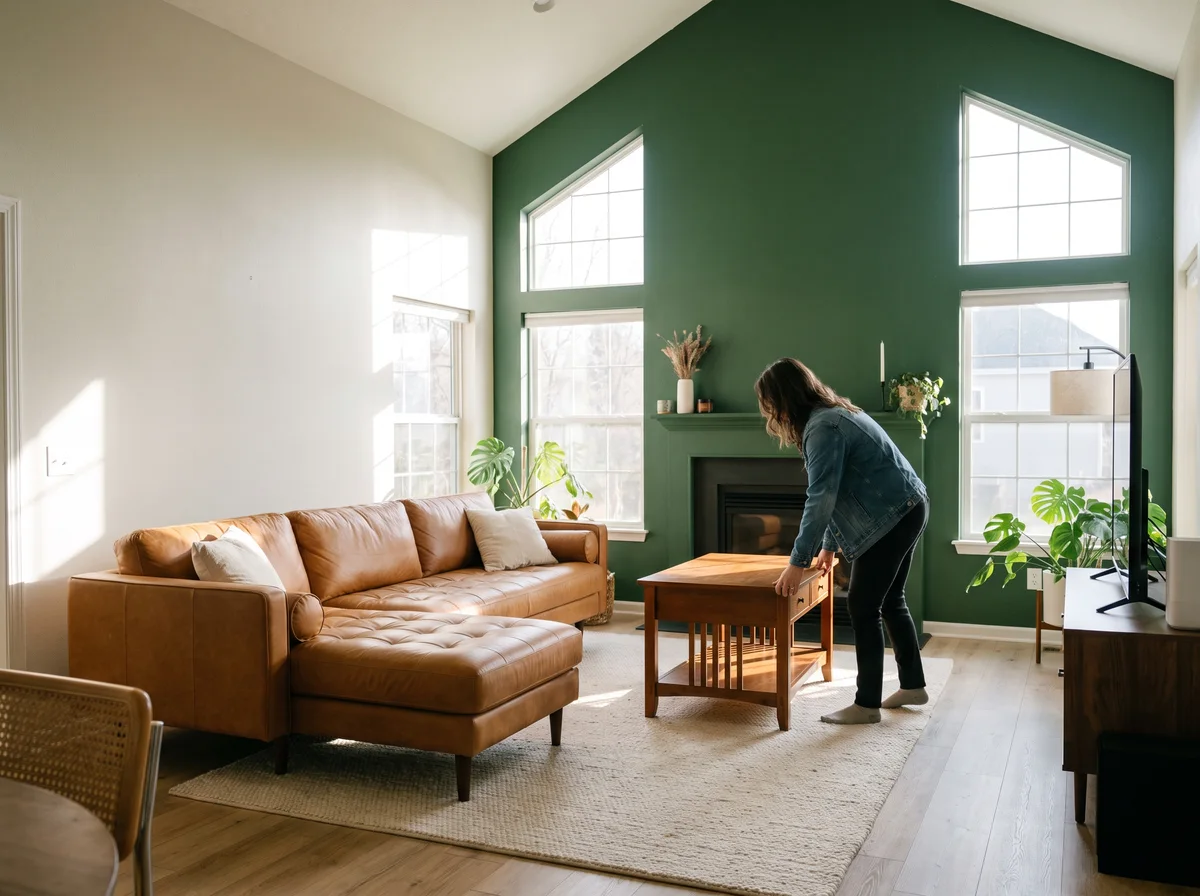 Illustrative person moving a coffee table away from a leather sectional