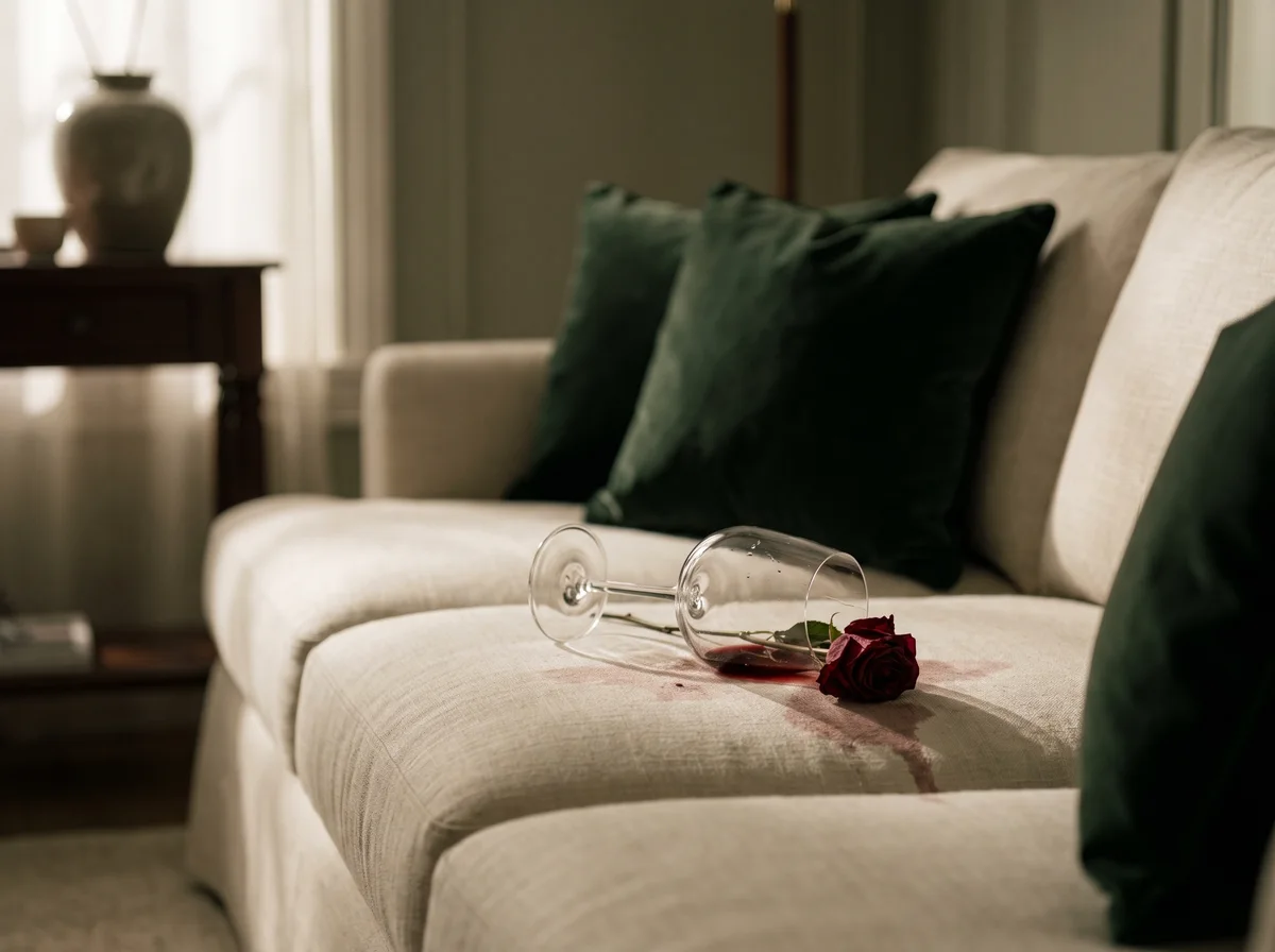 Illustrative red wine spill on a fabric sofa